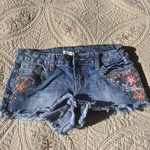 Floral Embroidered Blue Denim Shorts